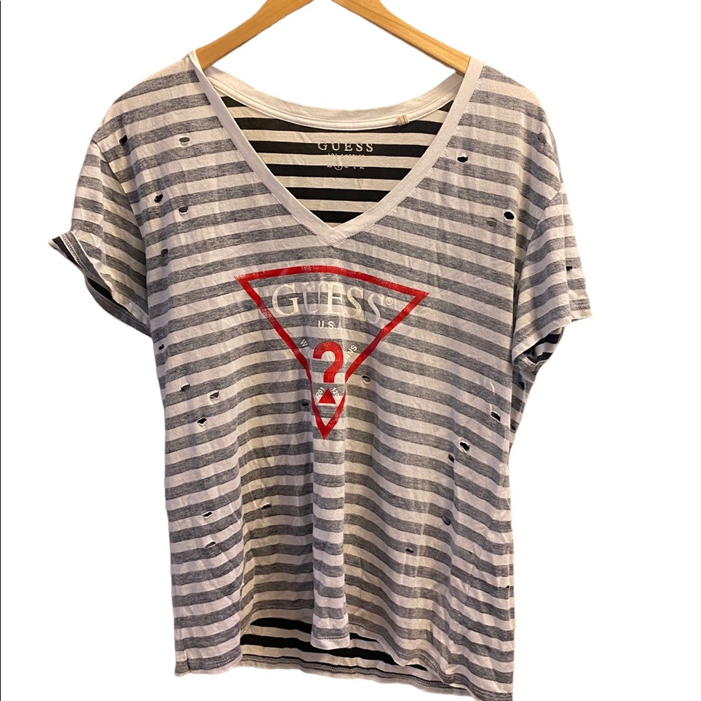 ⭐️ Guess Graphic Striped Destroyed T-Shirt 80s 90s Grunge